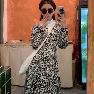 Long-sleeve Leopard Printed Midi A-line Dress