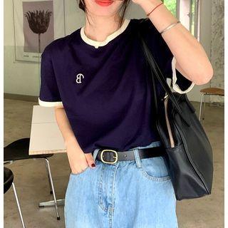 Short-sleeve Contrast Trim Letter Embroidered T-shirt