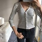 3/4-sleeve Striped Ribbed Knit Cardigan