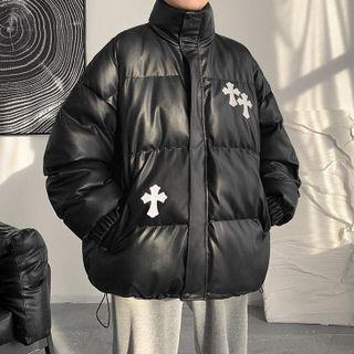 Cross Print Padded Faux Leather Zip-up Jacket