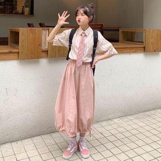 Elbow-sleeve Striped Shirt / Drawstring Hem Midi Balloon Skirt