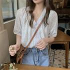 Short-sleeve V-neck Button-up Print Top As Figure - One Size