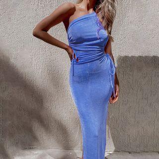Sleeveless One-shoulder Drawstring Midi Sheath Dress