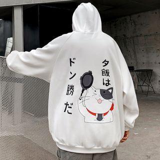 Japanese Character Cat Print Hoodie
