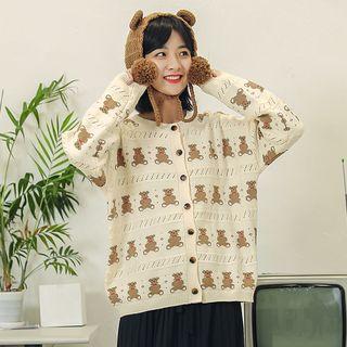 Bear Print Cardigan White - One Size