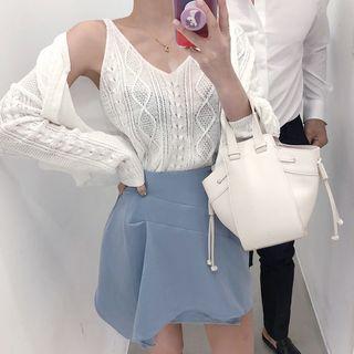 Long-sleeve Open Knit Top / Crochet Camisole / Asymmetric Skirt