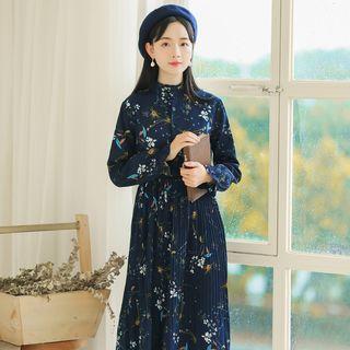 Long-sleeve Mock Neck Floral Print Midi A-line Pleated Dress