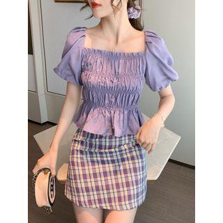 Puff-sleeve Square-neck Shirred Cropped Blouse