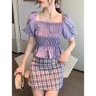 Puff-sleeve Square-neck Shirred Cropped Blouse