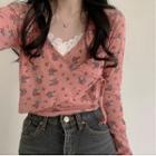 Floral Long-sleeve Wrap-front Cropped T-shirt Pink - One Size