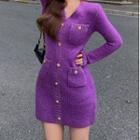 V-neck Button-up Mini Knit Dress Purple - One Size