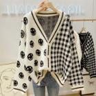 Smiley Face Print Gingham Panel Cardigan
