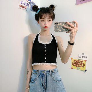 Halter-neck Lace Trim Cropped Tank Top