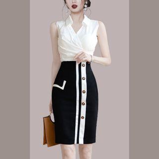 Set: Sleeveless Shirt + Striped Pencil Skirt