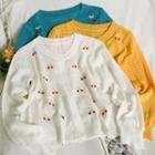 Eyelet Cherry-embroidered Button-up Knit Top