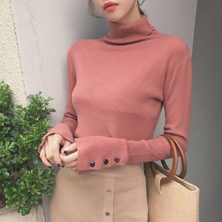 Turtleneck Button-cuff Knit Top
