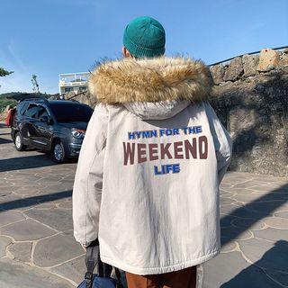 Furry-trim Hooded Lettering Zip Padded Jacket