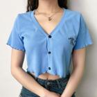 Short-sleeve Embroidered Knit Buttoned Crop Top
