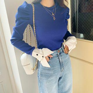 Puff-sleeve Wide-cuff Ribbed Top