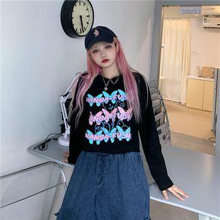 Long-sleeve Lettering Butterfly Print T-shirt