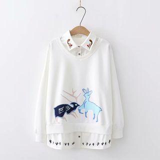 Deer Print Long-sleeve Mock Two-piece Top
