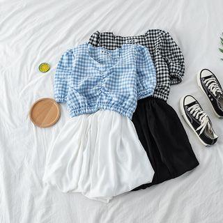 Set: Check Cropped Blouse + Plain Skort