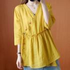 3/4-sleeve Button-up Linen Blend Blouse