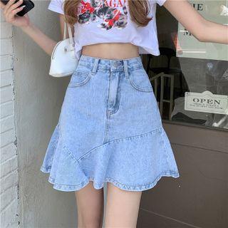 High-waist Leaf Trim Denim Semi Skirt