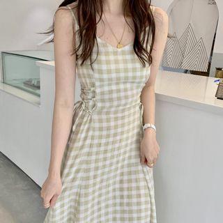 Spaghetti Strap Checker A-line Midi Dress