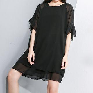 Elbow-sleeve Layered Chiffon Dress Black - One Size