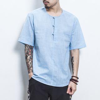 Elbow-sleeve Frog Buttoned Linen Shirt