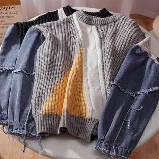 Color Block Denim Panel Slit Sweater
