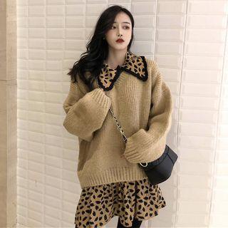 V-neck Sweater / Leopard Print Collared Long-sleeve A-line Dress / Set