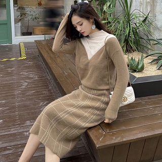 Set: Mock Two-piece Sweater + Plaid Knit Midi Straight-fit Skirt