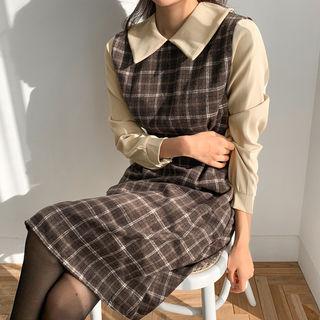 Color-block Plaid Dress Brown - One Size