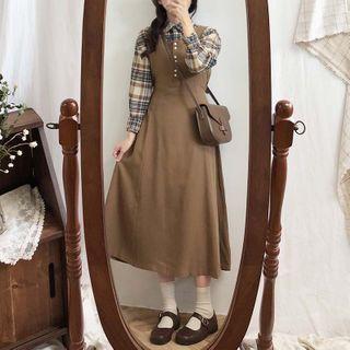 Square-neck Button Midi A-line Pinafore Dress