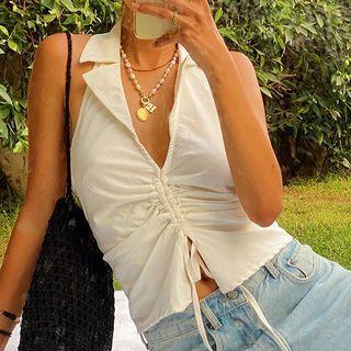 Collared Drawstring Crop Halter Top