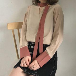 Long-sleeve Contrast Panel Chiffon Top