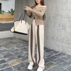 Off-shoulder Striped T-shirt / Two-tone Wide Leg Pants