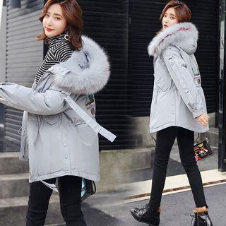 Furry-trim Embroidered Zip Hooded Parka