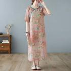 Elbow-sleeve Frog-button Floral Print Maxi Dress