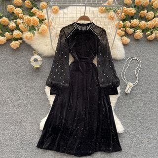 Rhinestone Mesh Long-sleeve Panel Velvet Dress