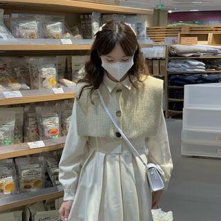 Set: Puff-sleeve A-line Dress + Sweater Vest