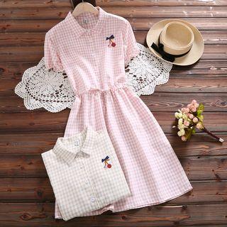 Short-sleeve Plaid A-line Shirt Dress