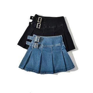Double Buckled Pleated A-line Denim Skirt