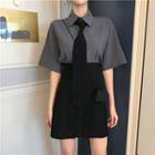 Plain Elbow-sleeve T-shirt / High Waist A-line Skirt