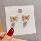 925 Sterling Silver Ribbon Faux Pearl Drop Earring 1 Pair - E1457 - Gold - One Size