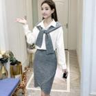 Set: Mock Two Piece Shirt Panel Knit Shawl + High-waist Plain Knit Skirt
