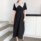 Short-sleeve Lace Collared Midi Dress Black - One Size