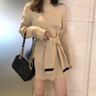 Long-sleeve Tie-waist Mini Sweater Dress